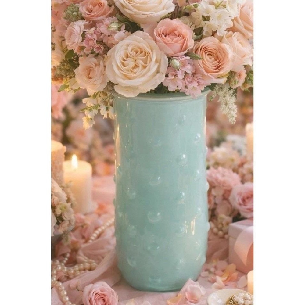 Vintage Hoosier Art Glass Flower Vase Tiffany Blue Hobnail Dimpled 8.5"x4" MCM